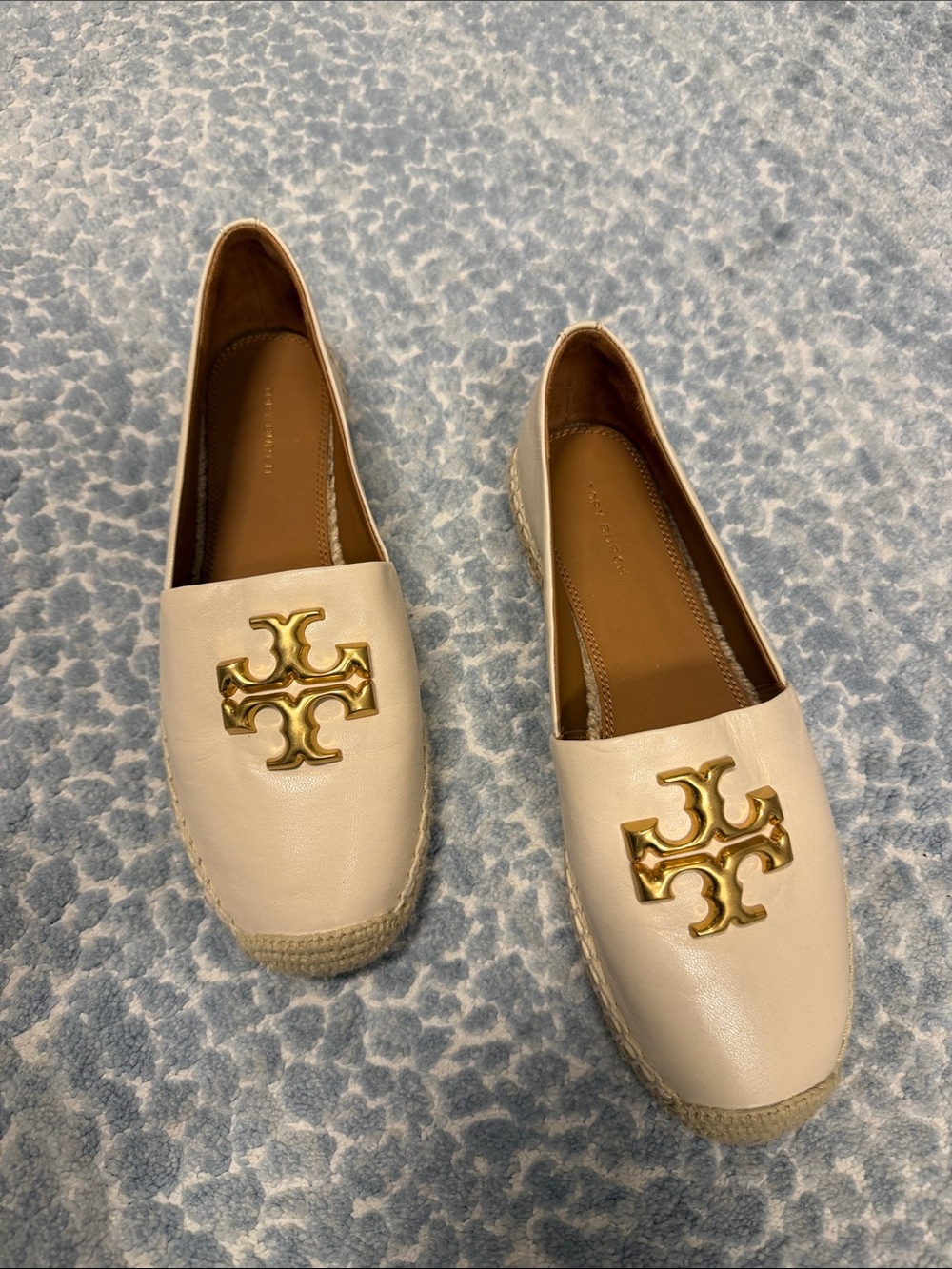Tory Burch Cream Leather Espadrille Flats with Gold Logo Emblem
